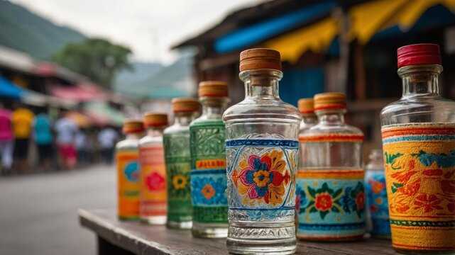 Aguardiente in a Vibrant Colombian Street Market with Traditional Decorations