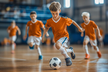 Fototapeta premium Excitement unfolds as school boys compete in an indoor football tournament filled with skill and energy