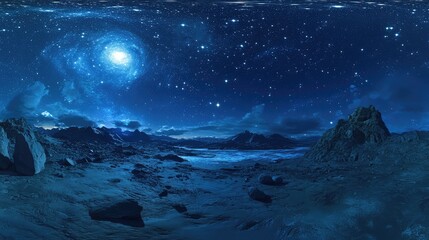 Map of a starry night, featuring a blue background with stars in the upper left, soft light illuminating the scene with a sense of calm