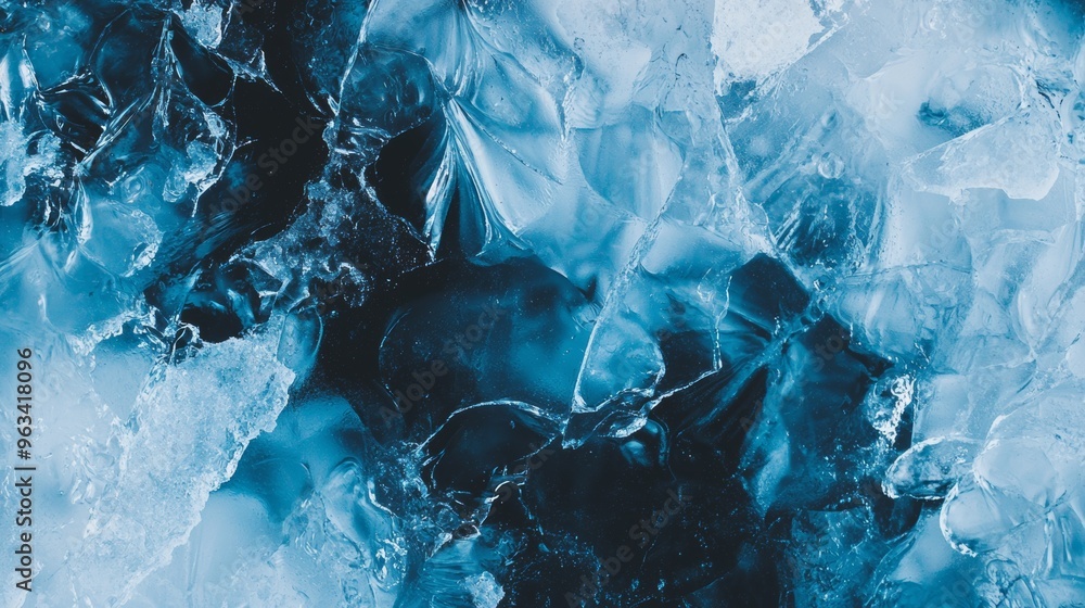 Poster ice is forming intricate patterns and textures as the water freezes, creating an abstract and beauti
