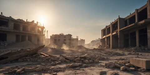 Strike causes destruction to industrial concrete building Scene of disaster with debris dust and collapsed structures under rising sun and blue sky.