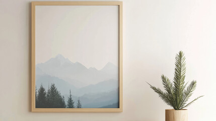 Minimalist mountain art print on a wall with a small plant in a wooden vase, creating a tranquil and modern interior decor.