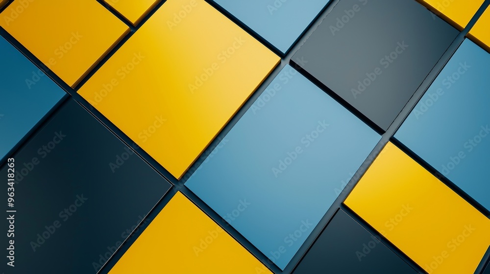 Poster abstract modern background with yellow, blue and black squares laying in a grid creating a dynamic a