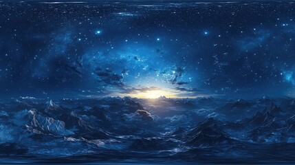 Fototapeta premium Map of a starry night sky in 360, with a detailed and soft-lit blue background, stars in the upper left corner, and a calm, mysterious atmosphere