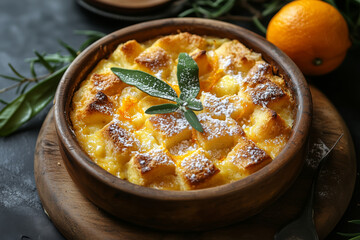 A delightful top view of traditional bread pudding garnished with herbs and citrus on a rustic table