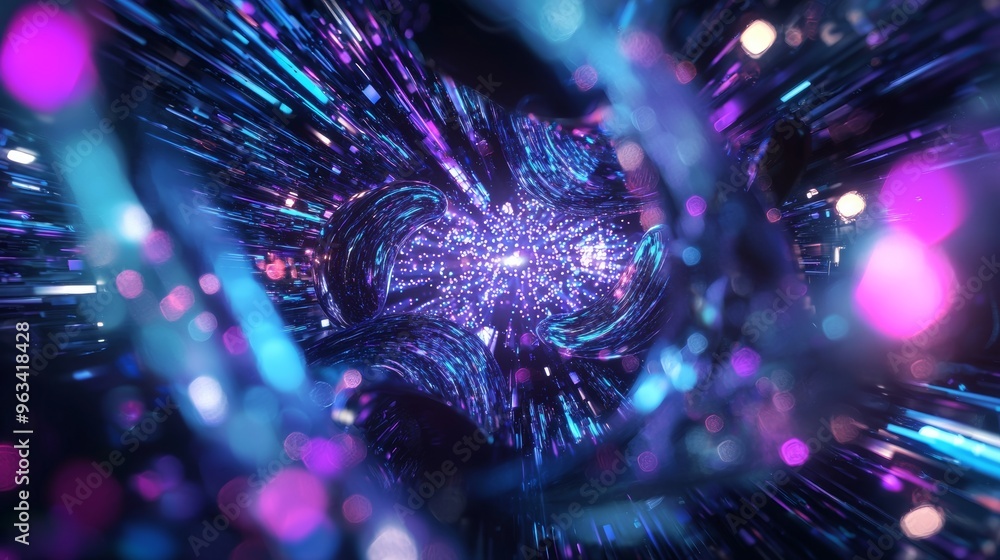 Poster abstract technology background with glowing lines and particles moving fast in a tunnel of digital d