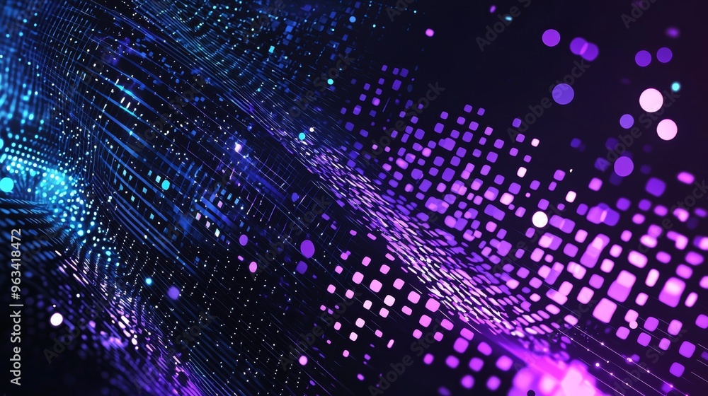 Poster mesmerizing abstract technology background with glowing blue and purple squares forming a data strea