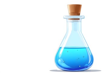 Clear glass bottle of blue water, on white background