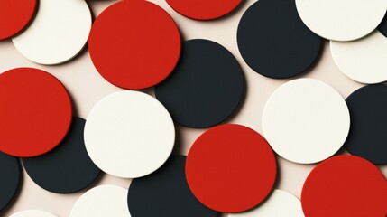 Minimalist background showing red, white and black circles laying on pastel pink surface, creating modern and stylish pattern