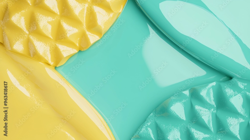 Poster vibrant yellow and turquoise paint flow smoothly in a colorful abstract background, with a shiny tex