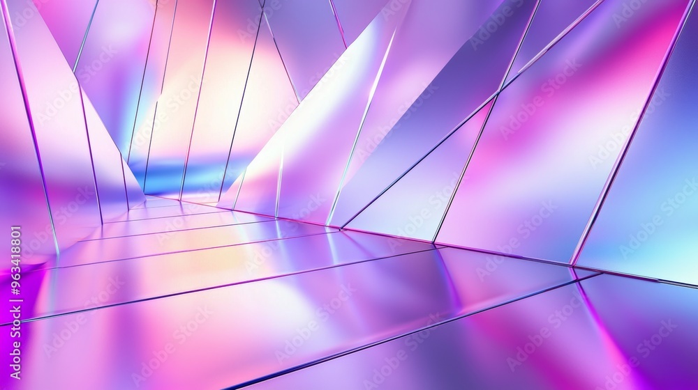 Poster futuristic metallic corridor reflects pink and blue light, creating a mesmerizing effect with shiny 