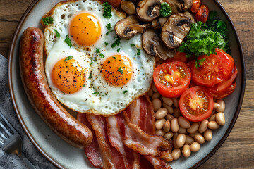 A hearty traditional English breakfast featuring fried eggs, sausages, bacon, mushrooms, tomatoes, and baked beans served on a rustic wooden table