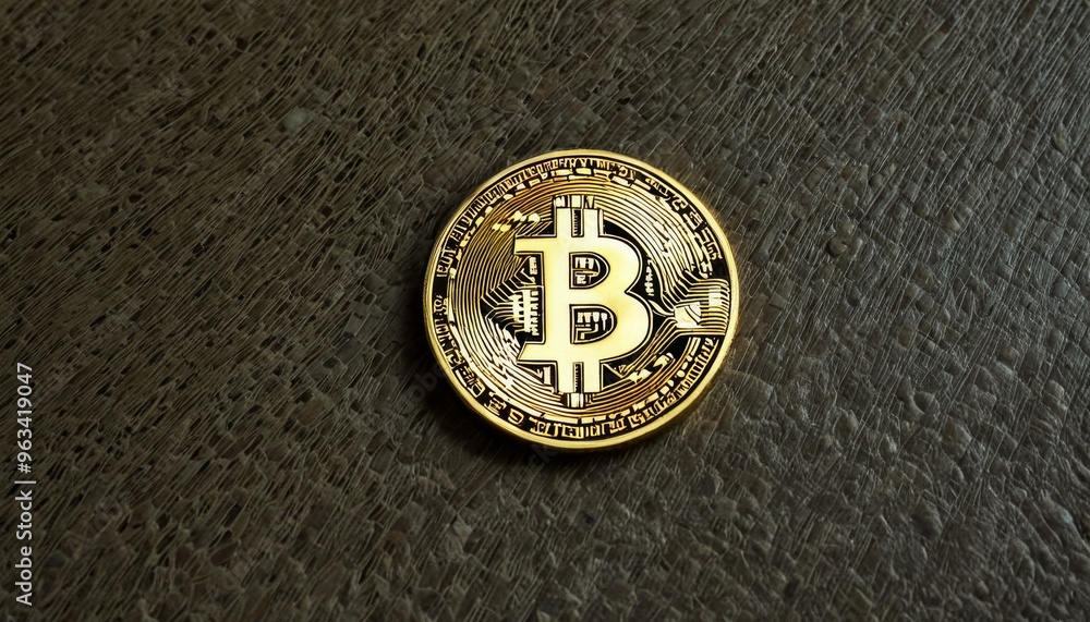 Poster a detailed image of a golden bitcoin resting on a textured surface, representing the digital currenc