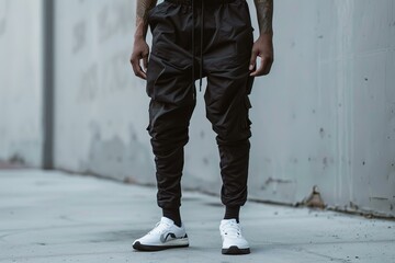 Young urban man standing in an urban background wearing black cargo pants and white sneakers