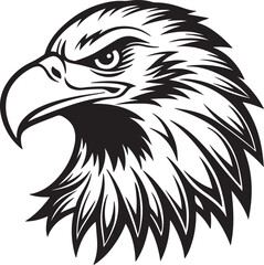 Black and white illustration of an eagle's head, showcasing intricate details and a striking profile