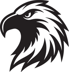 Black and white illustration of an eagle's head, showcasing intricate details and a striking profile