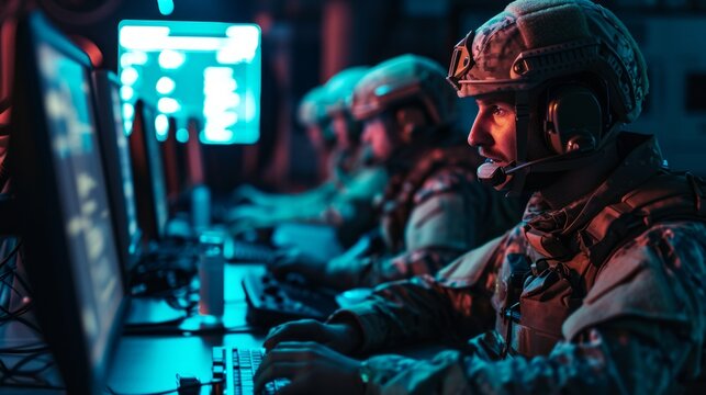 Military soldiers use laptops in dark neon underground room. Neural network ai generated art