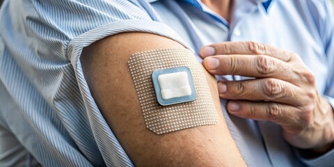 Close-up of a Bandage on a Man's Arm, Composition A senior man is wearing a light blue striped shirt with a bandage on his left upper arm. 