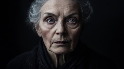 Fototapeta premium A woman with grey hair and a black scarf is staring at the camera