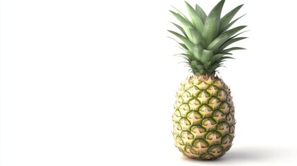 Single Ripe Pineapple with Green Leaves on White Background