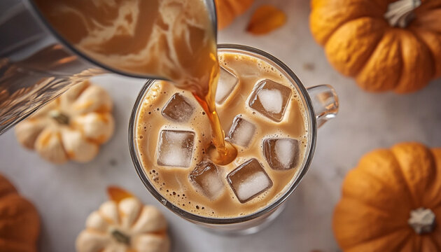 Cold latte coffee drink with ice and orange pumpkin juice
