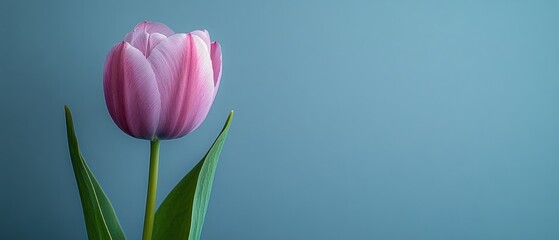 Single Pink Tulip with Green Stem and Leaves Against a Blue Background
