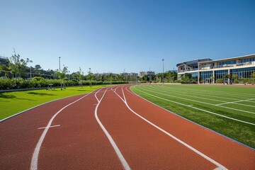 Wide running track with white markings curves around a green playing field on a sunny day