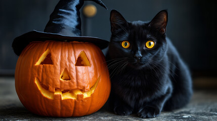A black cat wearing a witch's hat, with piercing yellow eyes,  sitting next to a classic carved pumpkin with a jack-o'-lantern face. 
