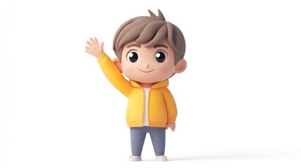 Obraz premium A cheerful cartoon boy waving, wearing a yellow hoodie and blue pants, conveying friendliness.