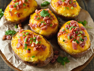 Baked stuffed potatoes with bacon, green onion and cheddar chees