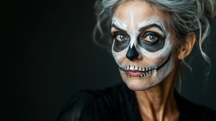 A woman with a white and black face paint of a skeleton