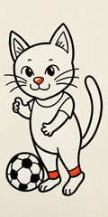 Fototapeta premium Cheerful cartoon cat in a sports jersey with a soccer ball. Football. Vertical. 