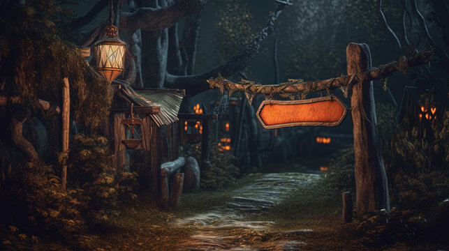 Signboard at the enty of dark fairytale village in Halloween style.