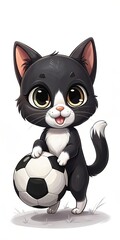 Cute black and white tuxedo cat standing and playing with a soccer ball. Football.