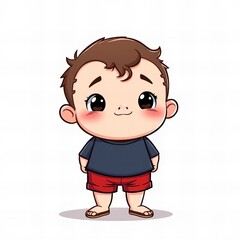 cartoon boy with a blue shirt and red shorts standing in front of a white background.