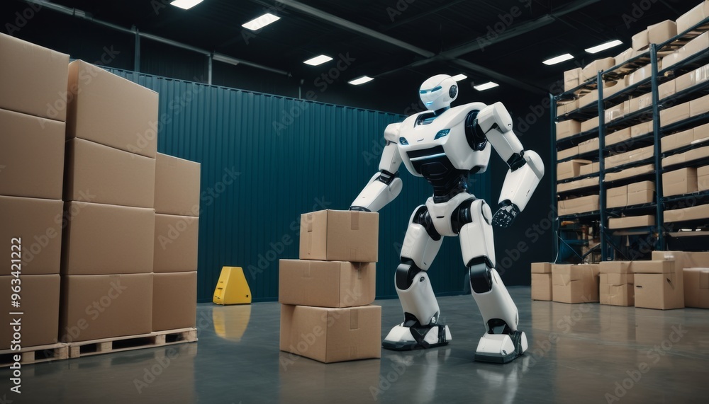 Poster a futuristic robot efficiently stacks boxes in a large, well-lit warehouse. the scene reflects the g