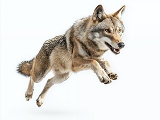 A grey wolf leaps through the air with its mouth open, isolated on a white background.