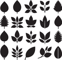 Set of black leaf icons on a white backdrop, featuring elegant vector art silhouettes for design use