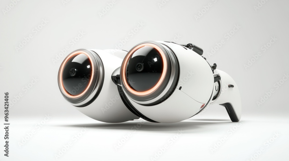 Poster white futuristic device with circular cameras and orange glows