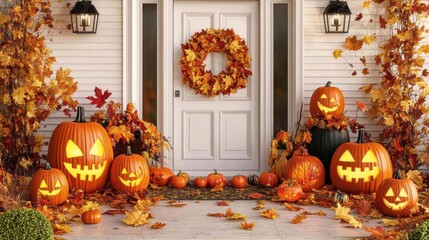 Obraz premium Lit jack-o'-lanterns decorate a front porch with fall foliage, a wreath on the door, and warm lighting, creating a festive Halloween atmosphere.