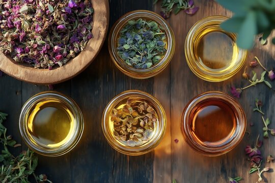 A rustic wooden table with bowls of essential oils, dried herbs, and flowers