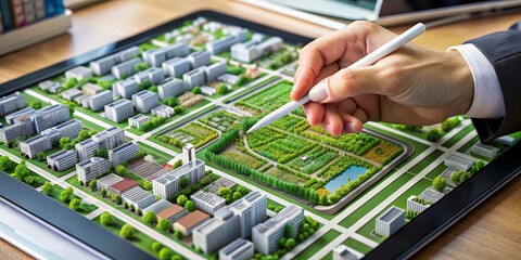 Fototapeta premium Digital Cityscape Hand Using Stylus to Navigate a 3D Model on Tablet Screen, Urban Planning, Architecture, Design, Technology