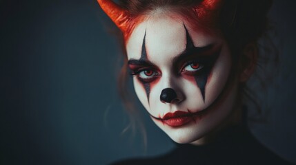 A woman with red and black face paint and a devil horn on her head