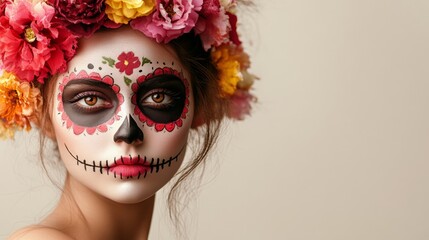Naklejka premium A woman with a flower headdress and a skull painted on her face