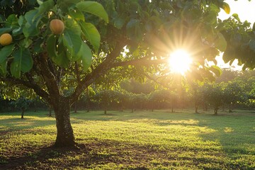 Sun Shining Through Sapodilla Tree Leaves In Orchard