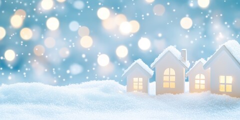 Fototapeta premium Miniature snow-covered houses glowing warmly against a backdrop of festive bokeh lights, evoking a cozy winter village scene.