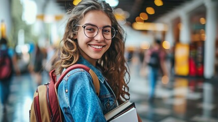 Fototapeta premium Young female student in library, looking for books, preparing for final exam. Neural network ai generated art