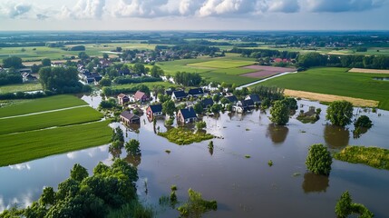 Birda??s-eye view of flooded fields and homes, symbolizing the increased frequency of extreme weather events due to climate change.