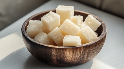 A wooden bowl filled with white sugar cubes.