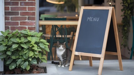 Blank Menu Stand and Cat on Cafe Exterior